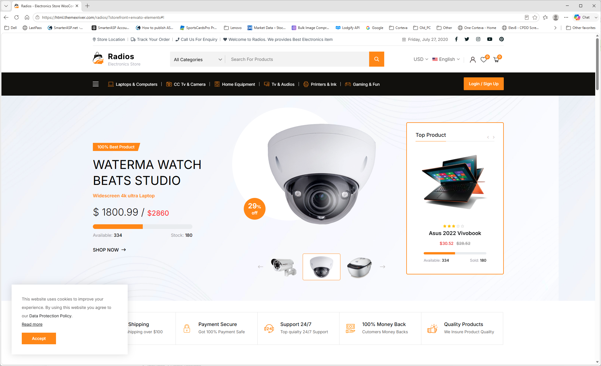 Example electronics store with a featured product hero and a stock/availability progress bar