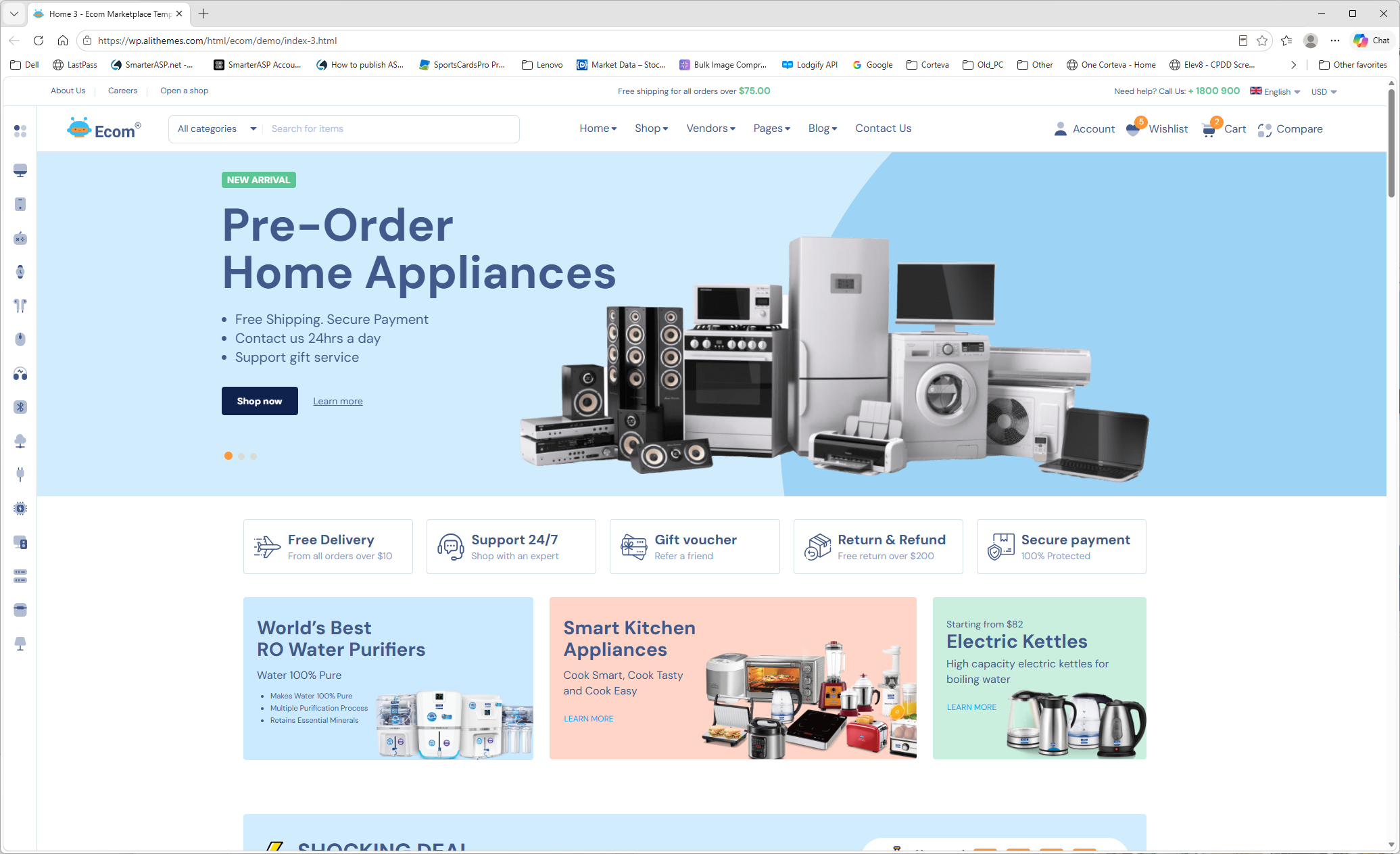 Example marketplace homepage with a pre-order home appliances hero section and category tiles